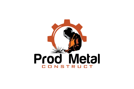 Design de logo industrial realizat de flobold pentru compania Prod Metal Construct, cu simbol grafic de roată dințată și sudor.