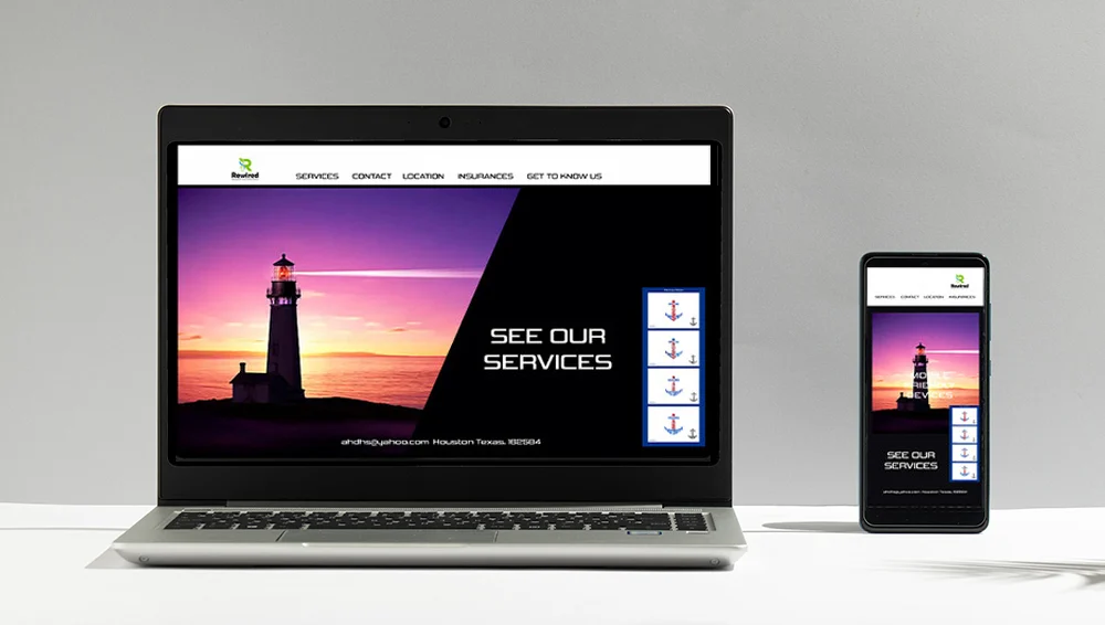 Mockup de site web responsive de prezentare cu design modern afișat pe laptop și telefon mobil.