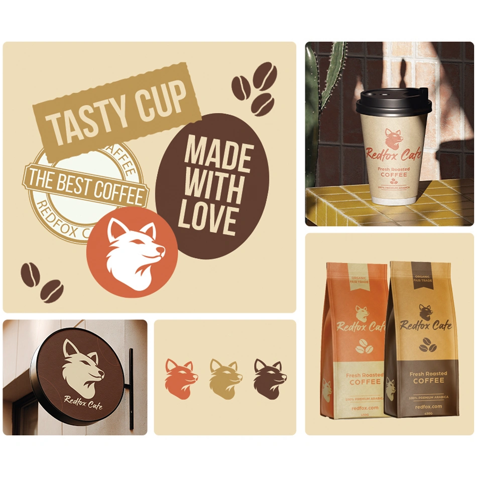Elemente de branding Redfox Coffee cu pahar de cafea to-go și pungi de boabe.