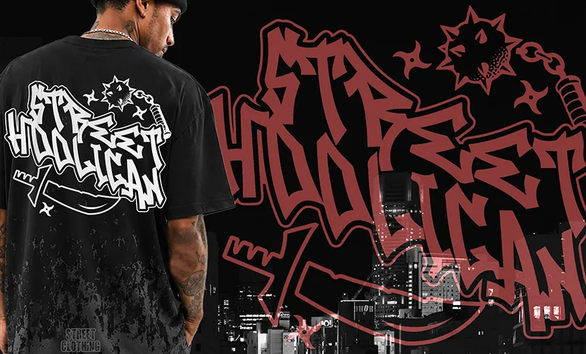 Tricou negru supradimensionat cu grafică Street Hooligan în stil graffiti urban.