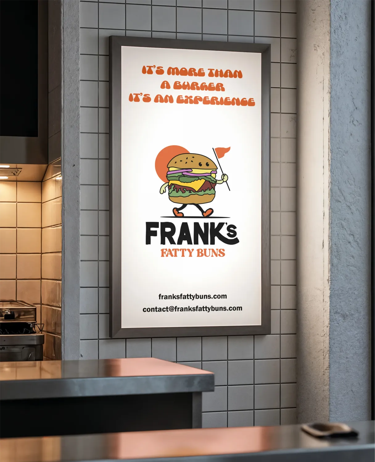 Afiș publicitar iluminat pentru un restaurant de burgeri, creat de FloBold.