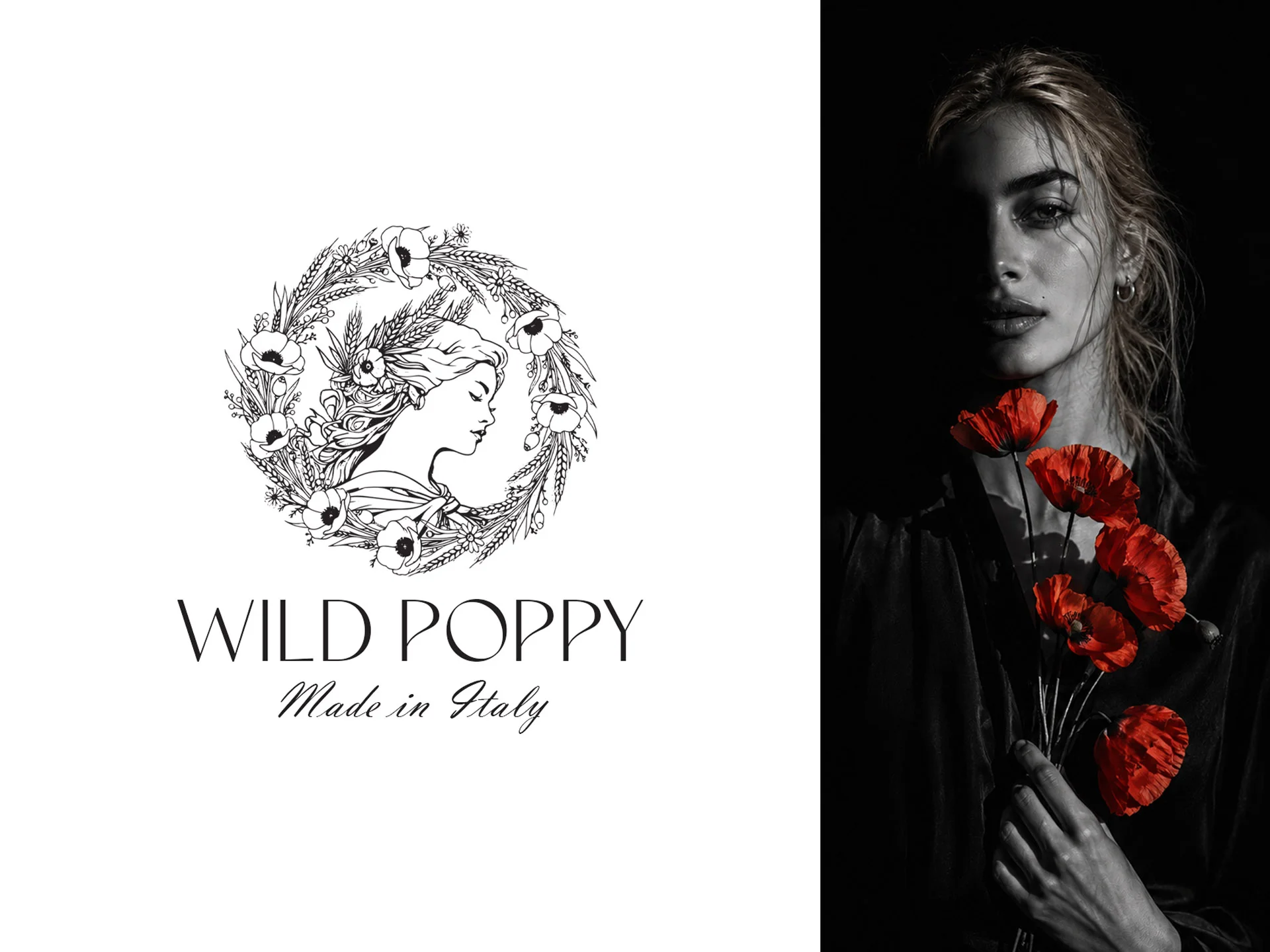 Colaj de branding pentru Wild Poppy realizat de FloBold, prezentând un logo ilustrat de mână cu profil feminin și coroniță de maci alături de portretul alb-negru al unei femei cu maci roșii.