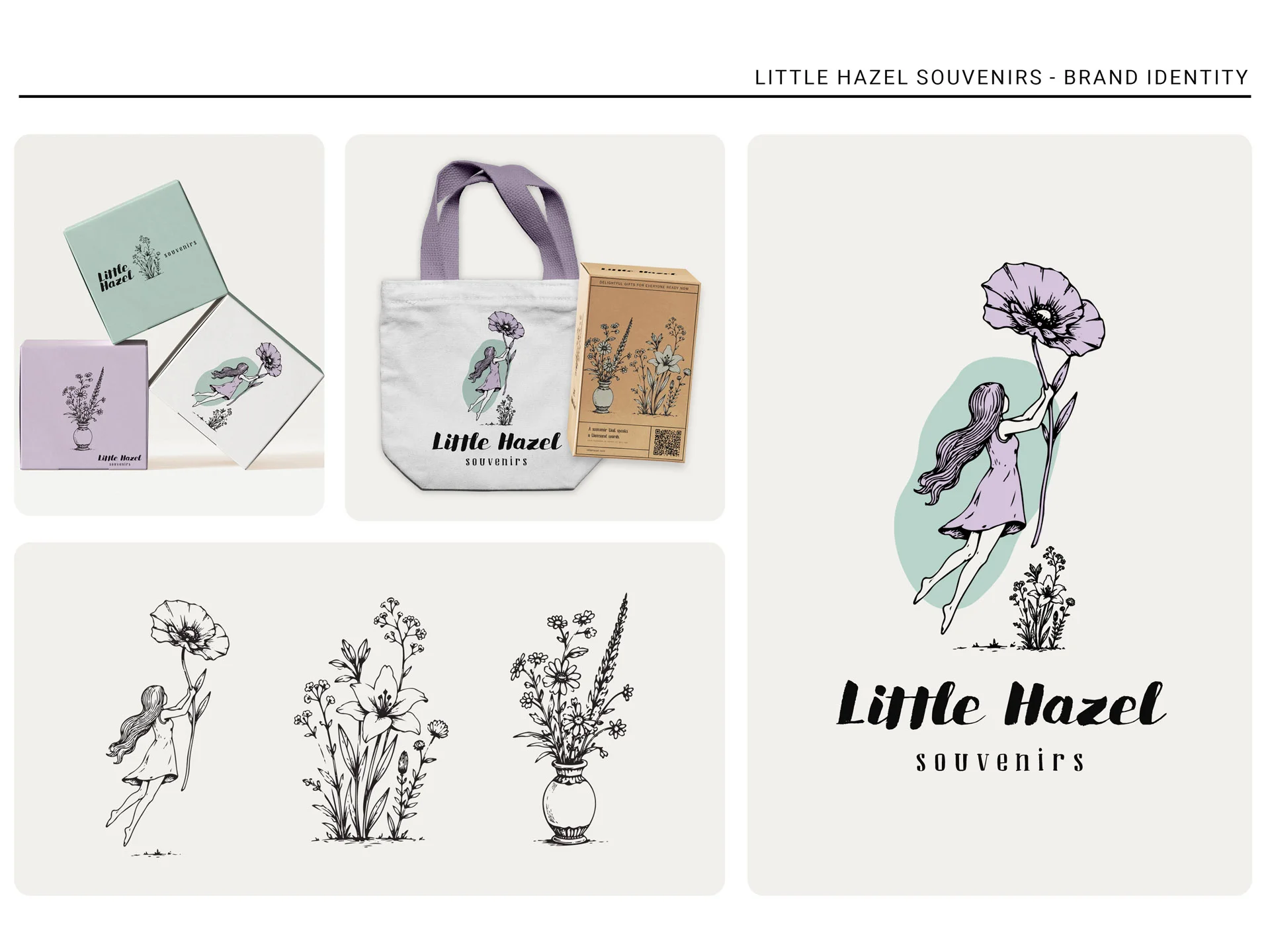 Colaj de branding pentru Little Hazel Souvenirs realizat de FloBold, incluzând design de logo ilustrativ, sacoșă de pânză eco, ambalaje din carton și ilustrații botanice cu flori.