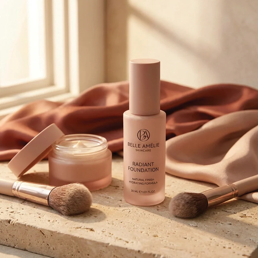 Proiect de packaging design premium si sticle de fond de ten personalizate pentru Belle Amélie realizat de FloBold.