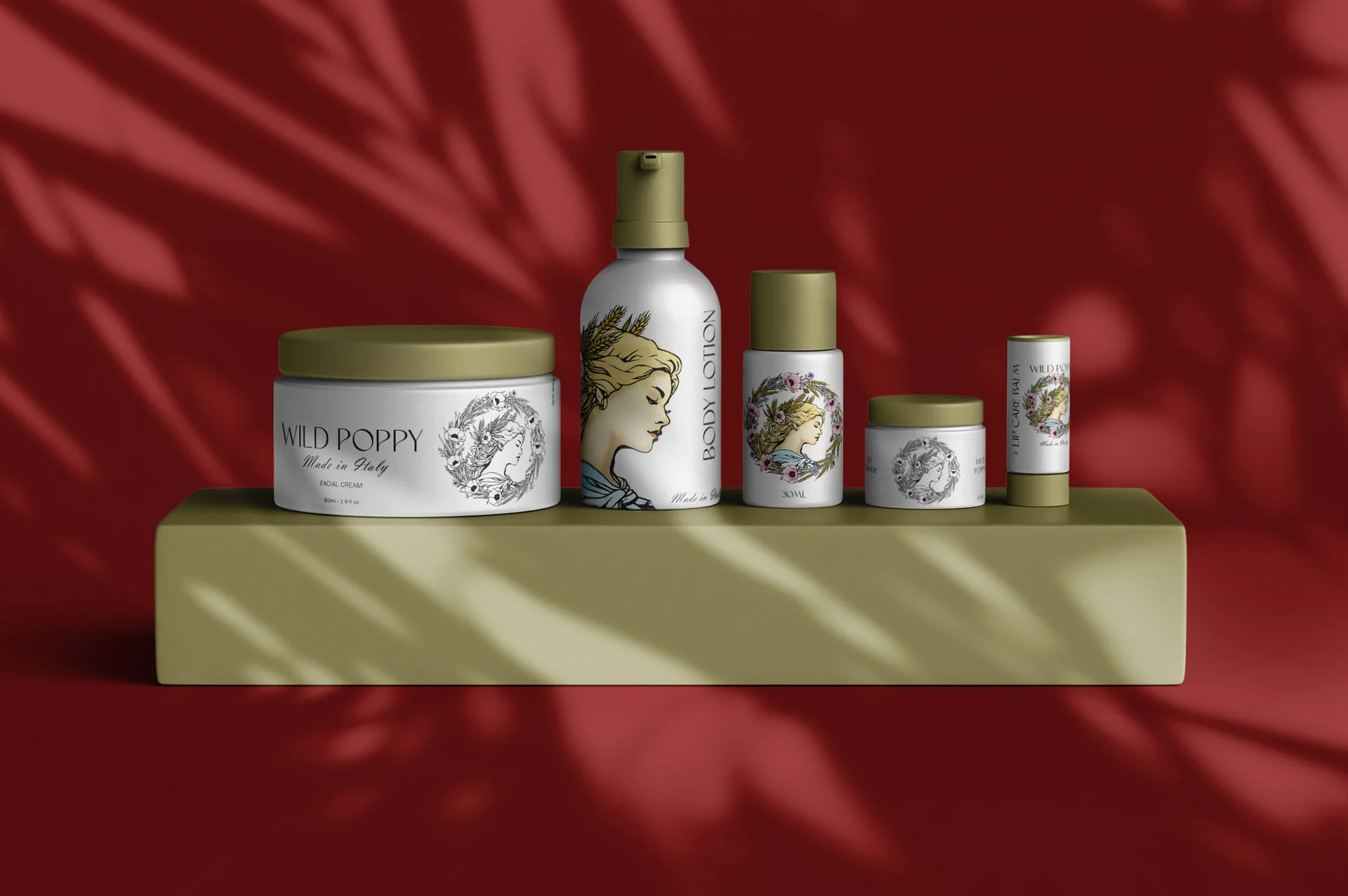 Grup de recipiente pentru produse cosmetice Wild Poppy, incluzând creme și loțiuni personalizate cu ilustrații elegante, așezate pe un piedestal măsliniu pe fundal roșu cu umbre, realizat de FloBold. premium packaging design.