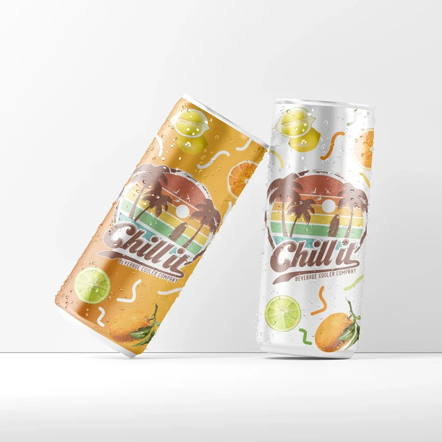 Proiect de packaging design si mockup 3D cu doze de bauturi racoritoare Chill it realizat de FloBold.