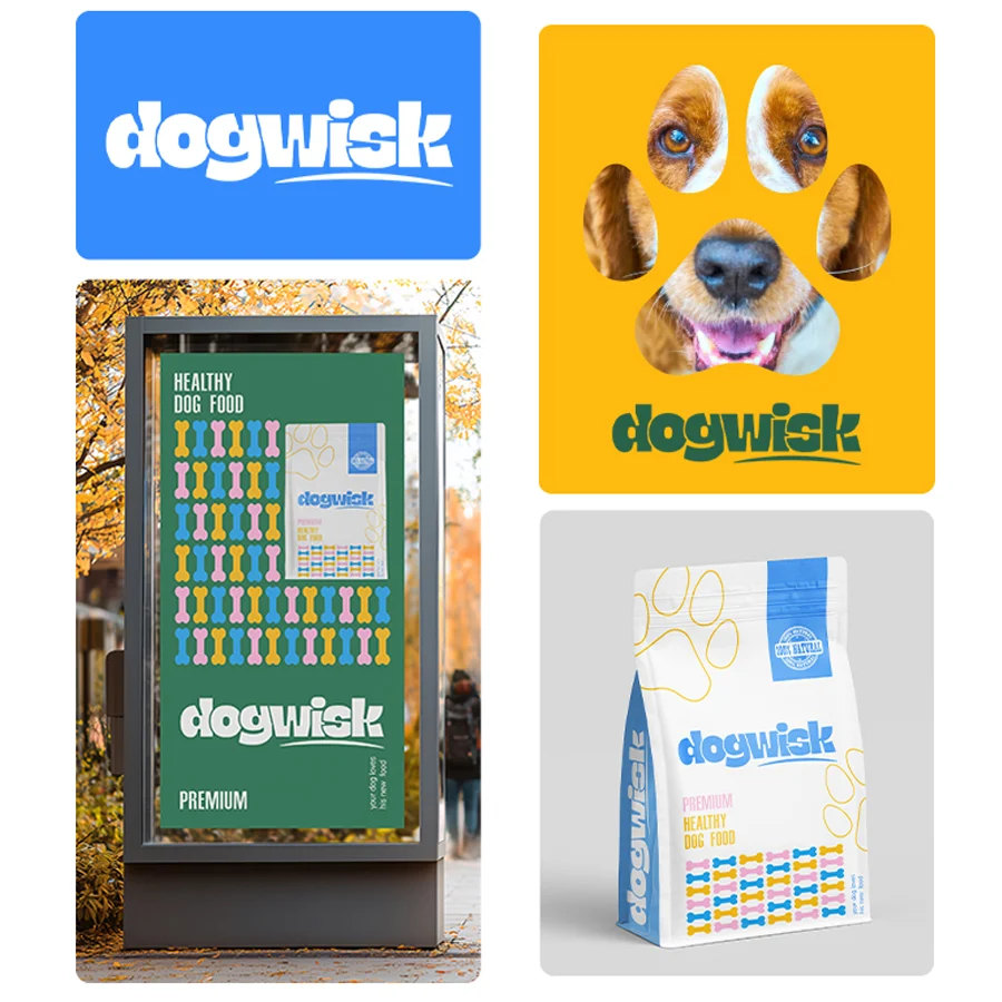 Proiect de packaging design pentru pungi de mancare de caini si afis stradal Dogwisk realizat de FloBold.