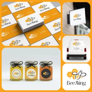 Colaj cu design de ambalaj pentru borcane de miere și elemente de branding pentru brandul BeeAling, creat de FloBold.
