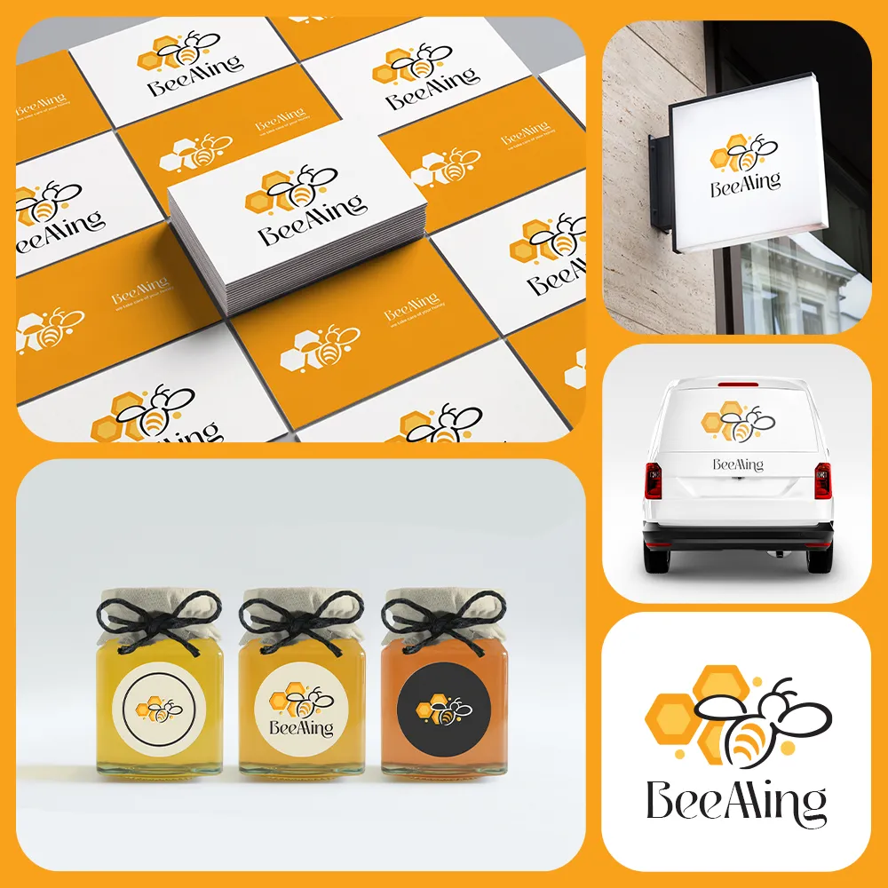 Colaj cu design de ambalaj pentru borcane de miere și elemente de branding pentru brandul BeeAling, creat de FloBold.