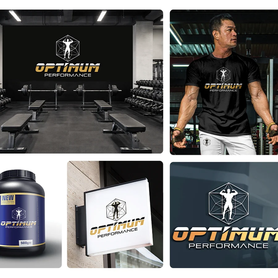 Proiect de packaging design pentru recipiente de proteine si branding de sala Optimum Performance de FloBold.