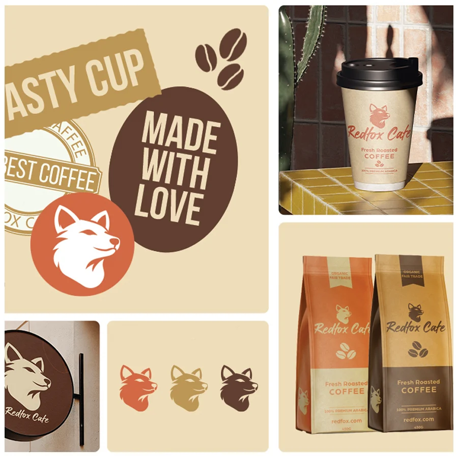 Proiect de packaging design pentru pungi de cafea boabe si pahare to-go Redfox Cafe realizat de FloBold.