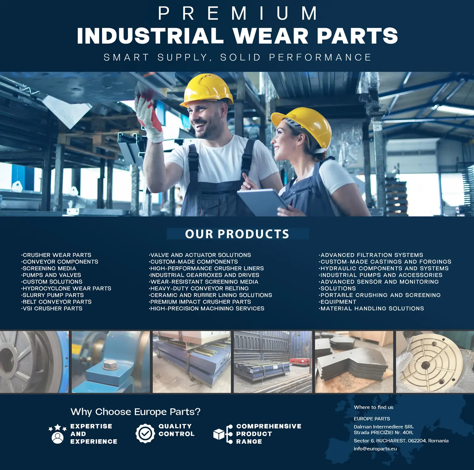 Layout pentru catalog de piese industriale si brosura de prezentare Europe Parts realizat de FloBold.