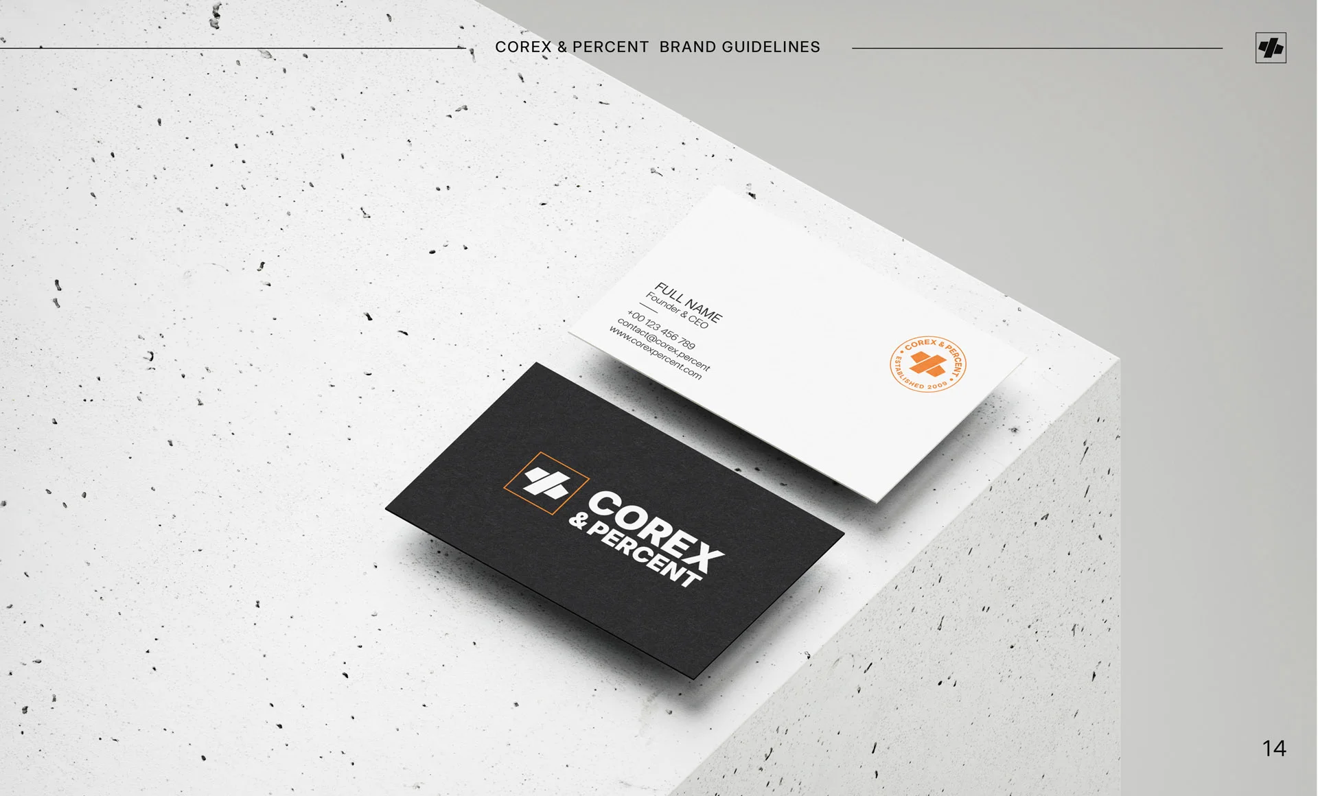 Mockup minimalist cu două cărți de vizită corporative, una albă și una neagră, așezate pe un bloc de beton, realizat de FloBold. Corporate brand book.