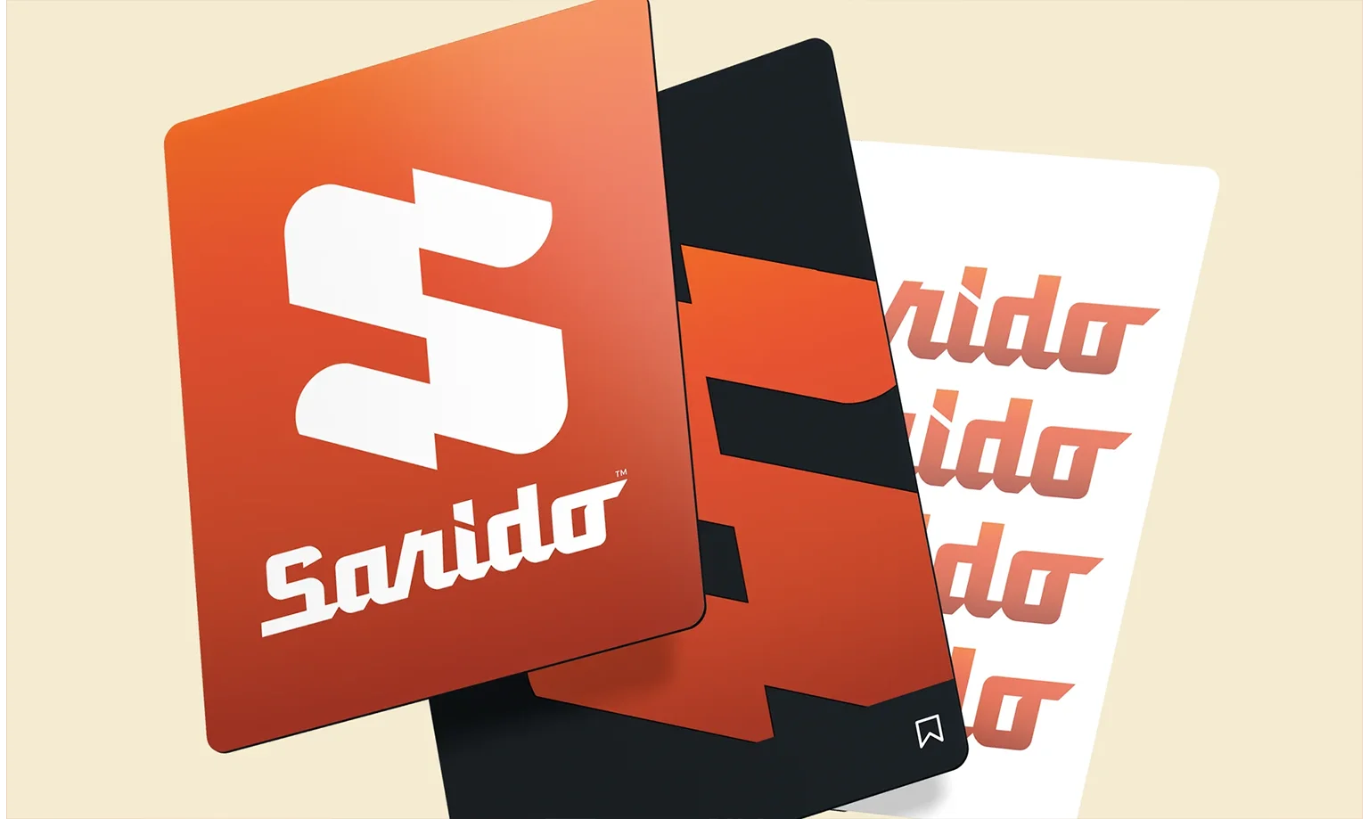 Mockup cu carti de vizita si materiale personalizate în culorile brandului Sarido create de FloBold. Graphic design. Branding services pricing.