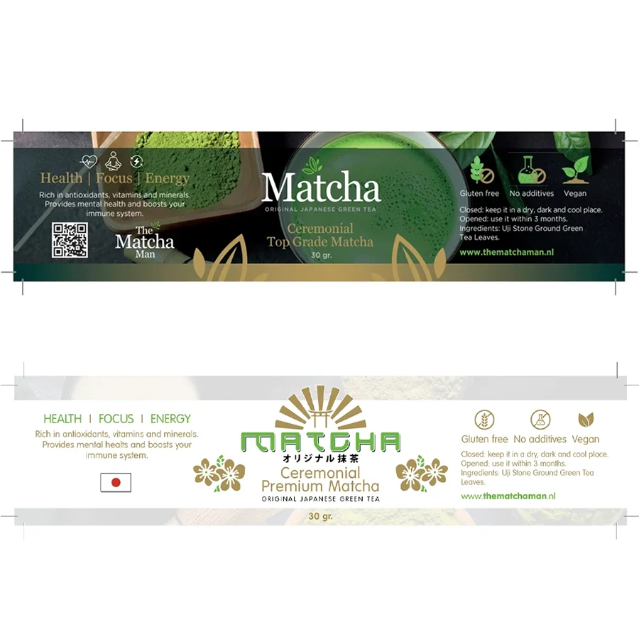 Macheta tehnica si design de eticheta pentru cutie de ceai verde The Matcha Man realizat de FloBold.