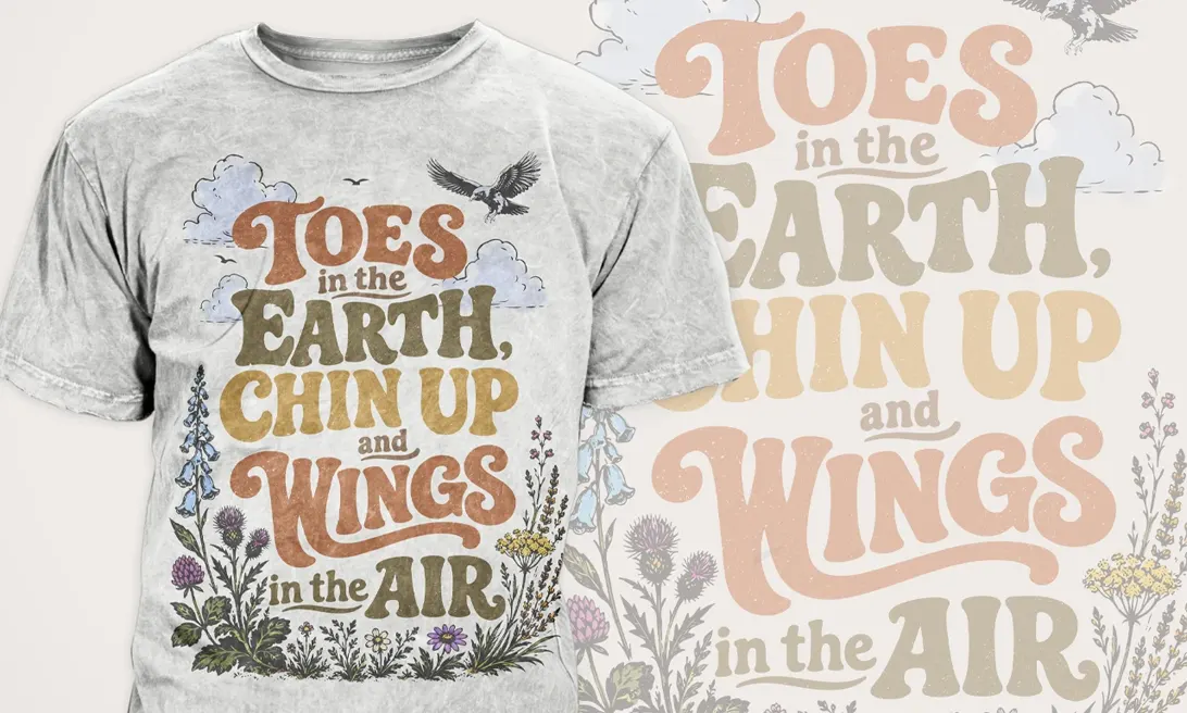 Proiect de design grafic pentru tricou gri acid-wash cu ilustratie florala retro si vultur creat de FloBold.