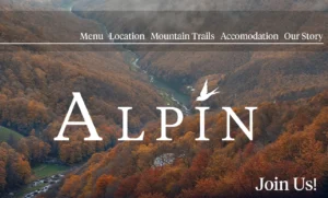 Machetă grafică pentru prima pagină a site-ului web Alpin cu un fundal de munte toamna, meniu de navigare superior și logo-ul alb integrat pe centru, realizată de FloBold. brand identity turism.
