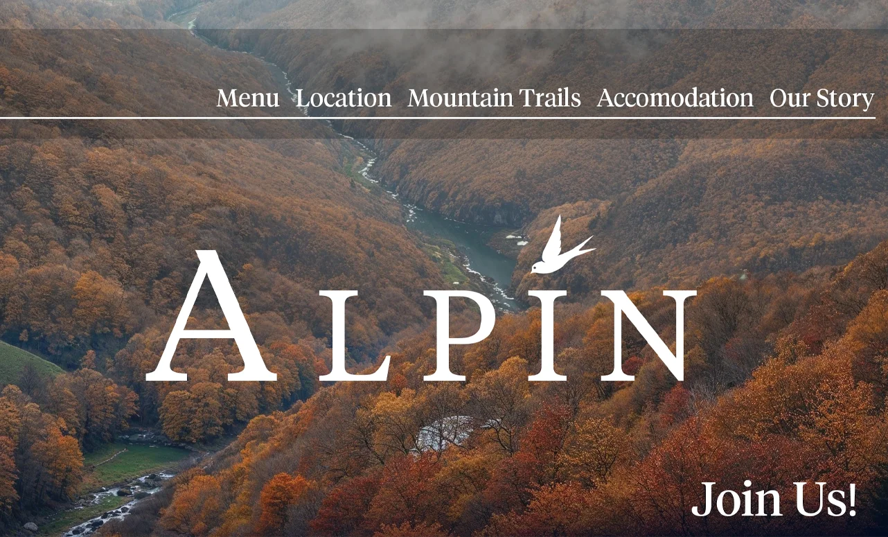 Machetă grafică pentru prima pagină a site-ului web Alpin cu un fundal de munte toamna, meniu de navigare superior și logo-ul alb integrat pe centru, realizată de FloBold. brand identity turism.