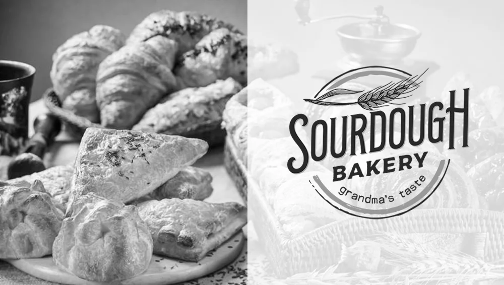 Design de logo rustic Sourdough Bakery cu spic de grâu lângă o imagine cu produse de patiserie și croissante, realizat de FloBold.