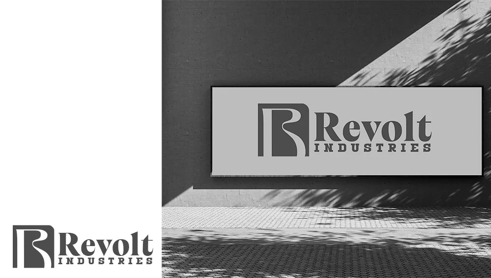 Design de logo corporate Revolt Industries pe o firmă luminoasă exterioară și fundal de beton, realizat de FloBold.
