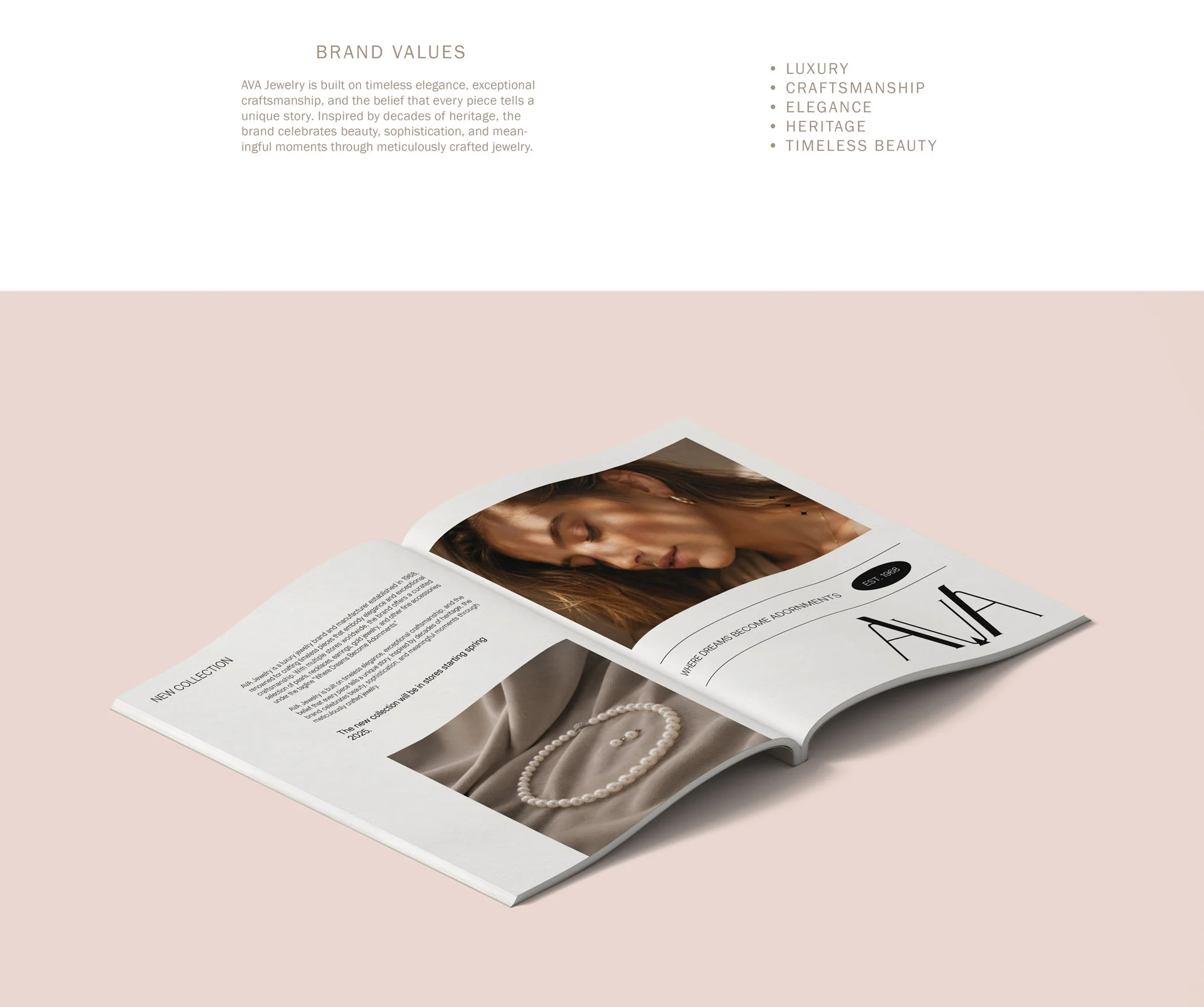 Mockup cu o revistă deschisă la paginile de prezentare pentru colecția nouă AVA Jewelry, ilustrând layout-ul tipografic și fotografiile de campanie, realizat de FloBold.