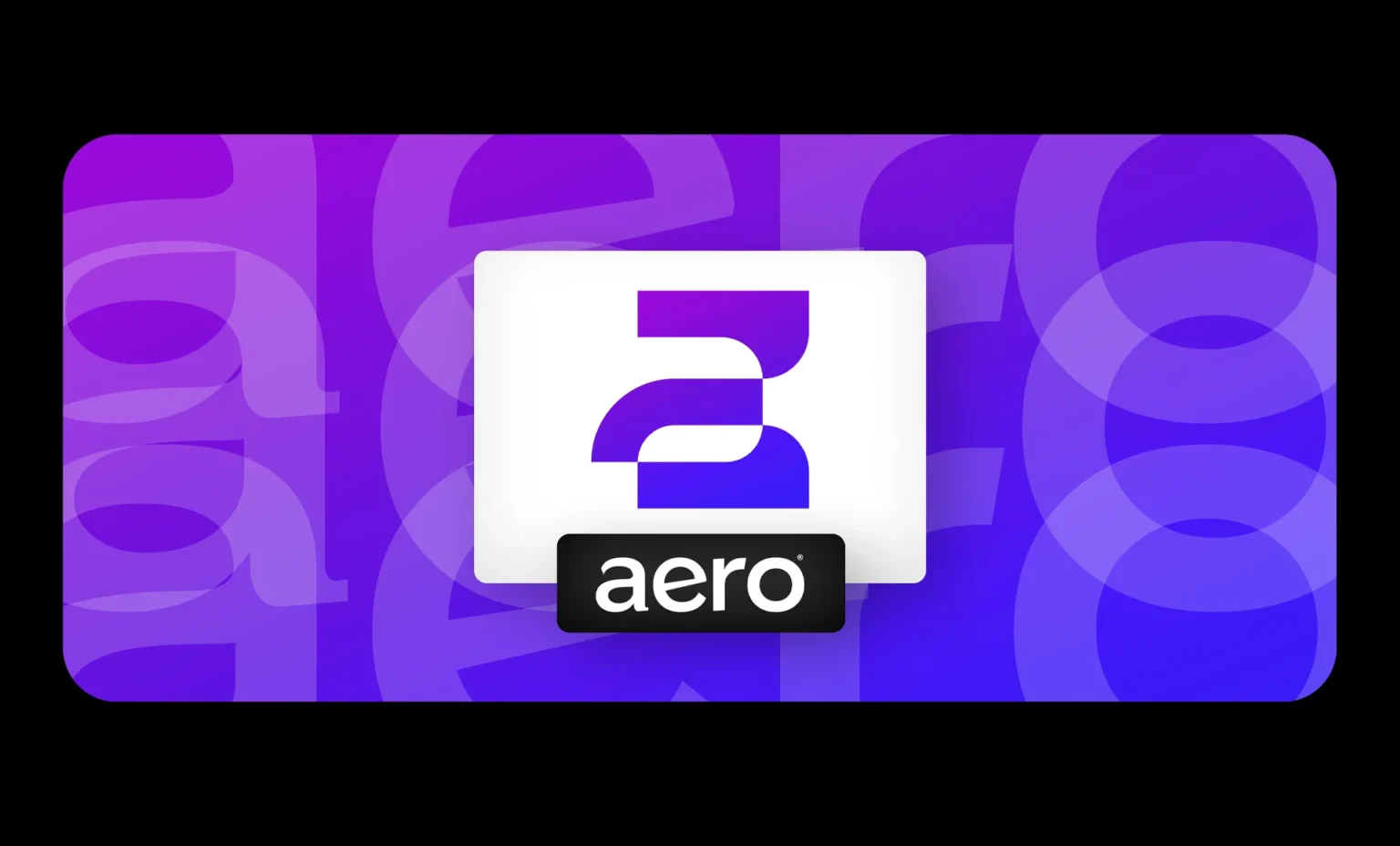 Simbol abstract de logo Aero plasat central pe un card alb, suprapus peste un fundal cu gradiente violet și pattern din litere geometrice, realizat de FloBold. Digital brand identity.