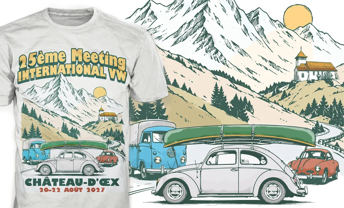 Proiect de design grafic pentru tricou alb cu ilustratie retro auto masini clasice Volkswagen realizat de FloBold.