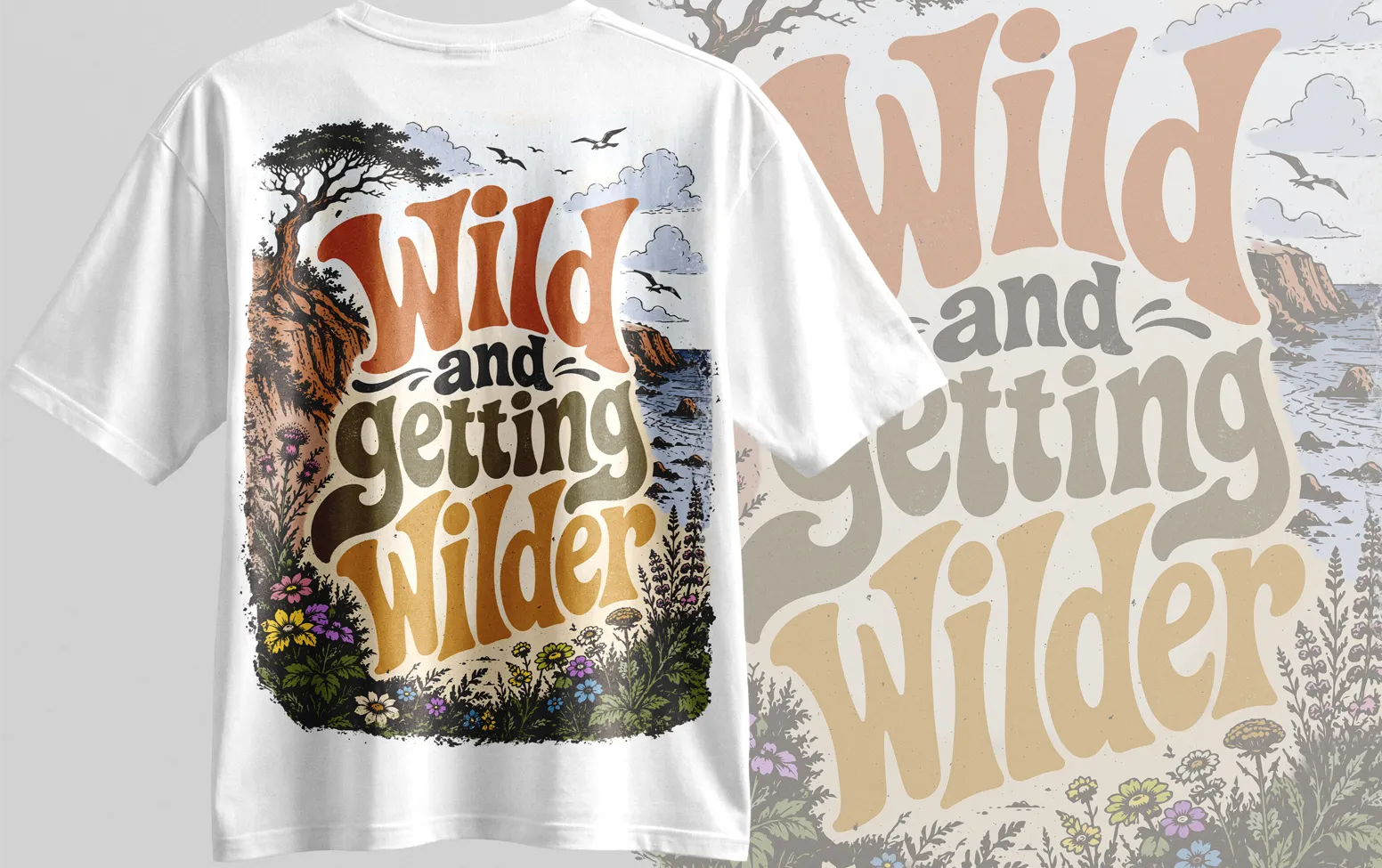 Proiect de design grafic pentru tricou alb oversized cu ilustratie retro si text caligrafic din anii 70 creat de FloBold.