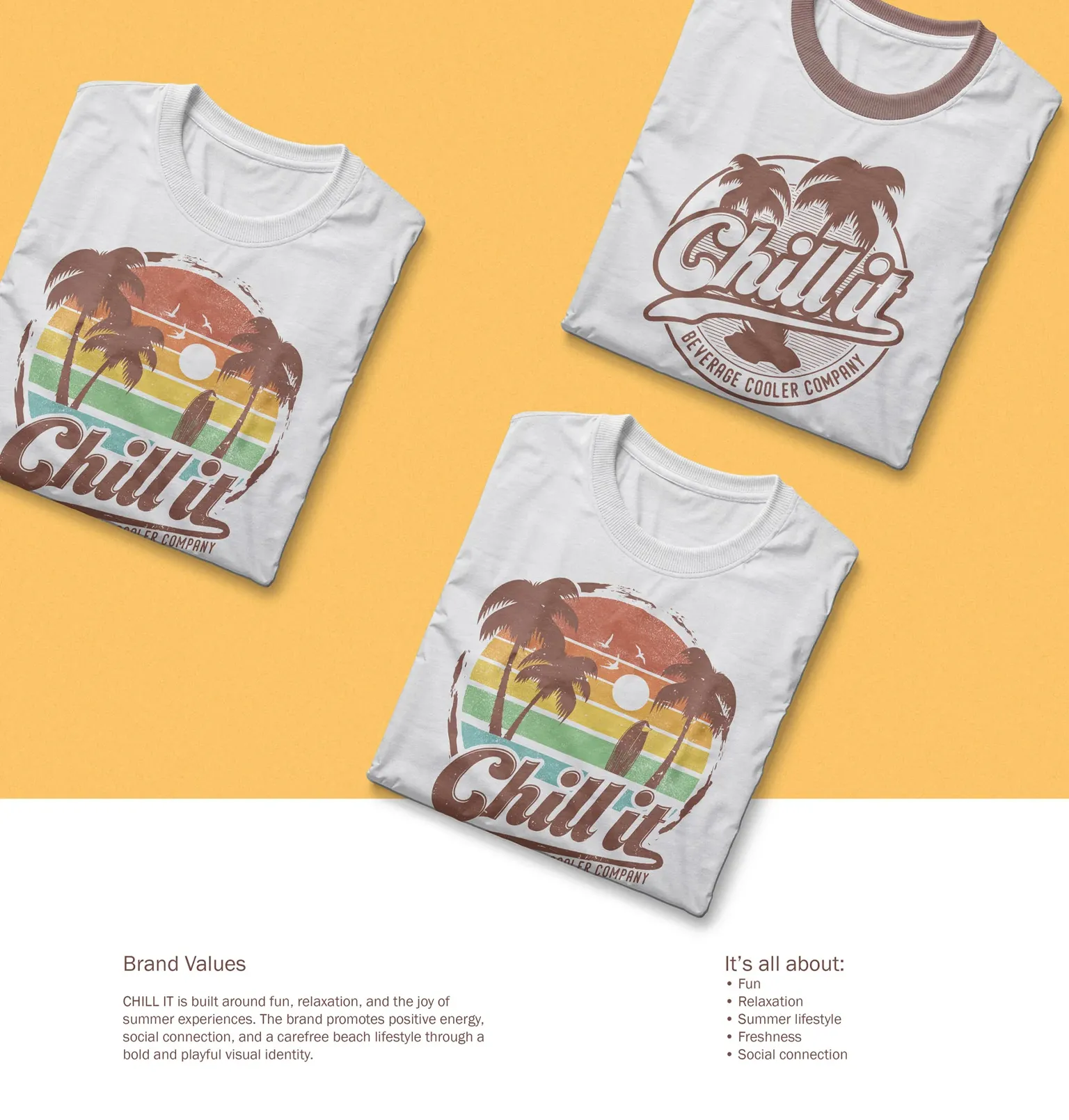 Mockup cu tricouri personalizate si logo-ul retro Chill it creat de agentia FloBold. Beverage brand identity.