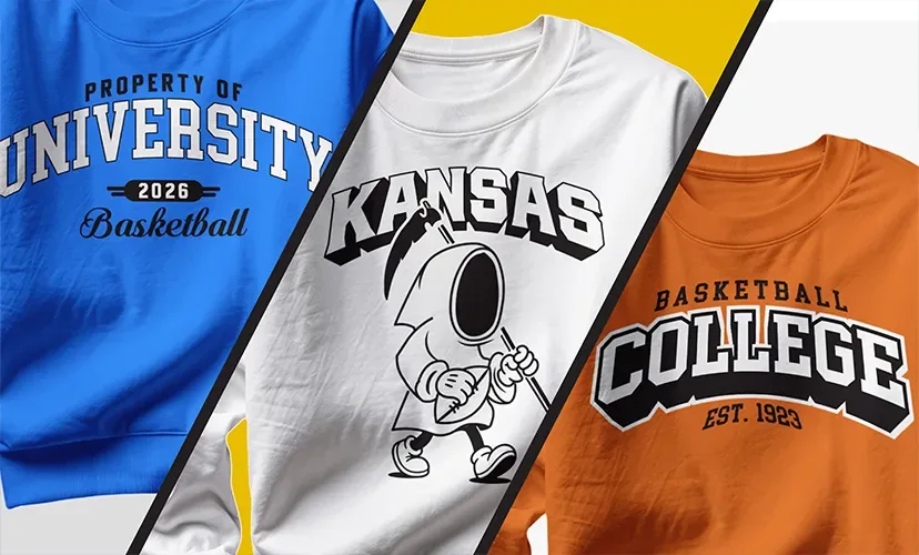 Colaj cu imprimeuri pentru haine sport stil universitar si hanorace personalizate realizate de FloBold.