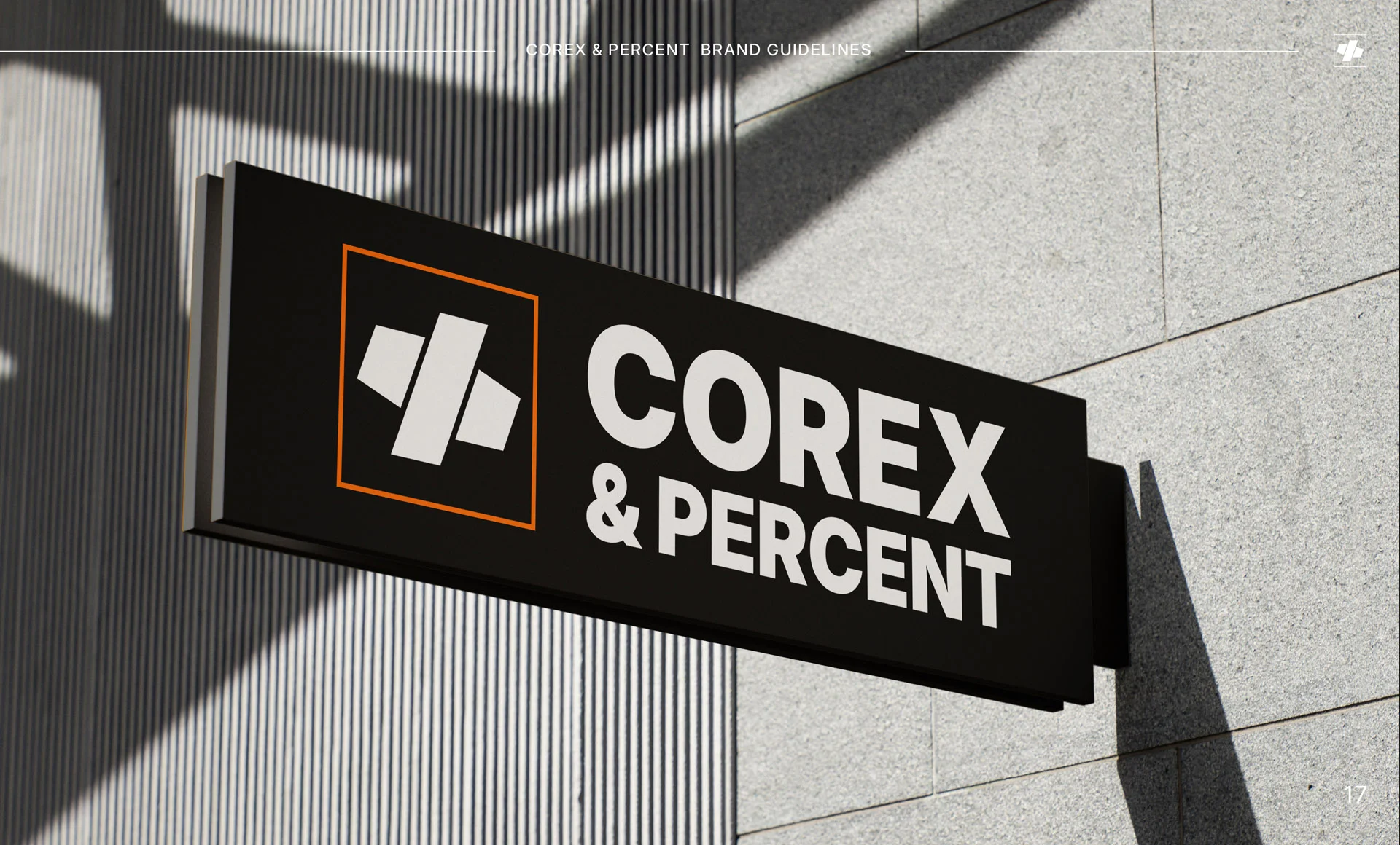 Caseta luminoasă de exterior cu logo-ul Corex & Percent montată pe o fațadă modernă de clădire cu umbre geometrice, realizată de FloBold.