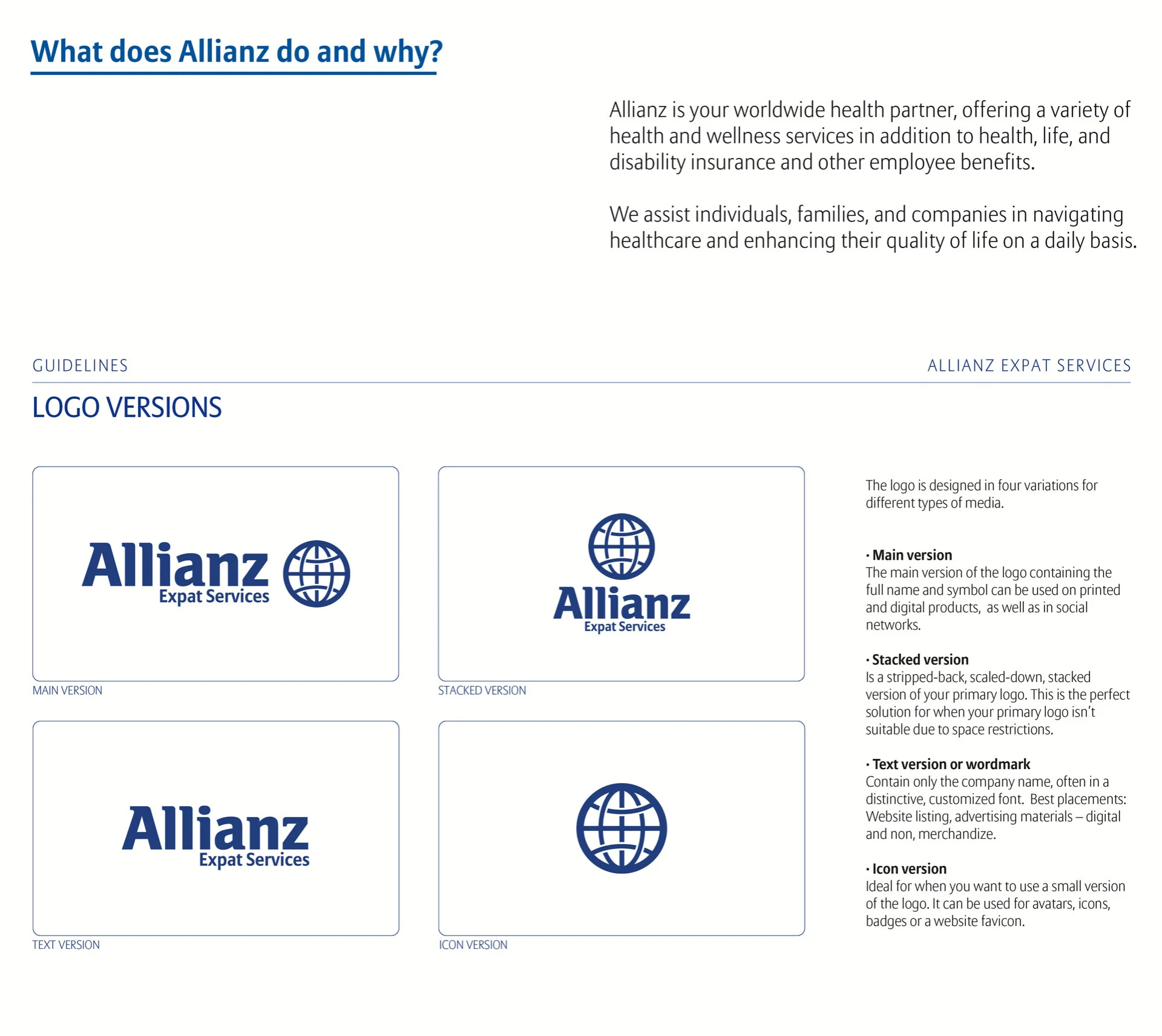 Pagină tehnică din manualul de brand Allianz Expat Services care prezintă regulile pentru versiunea principală și versiunea verticală (stacked) a logo-ului, realizată de FloBold.