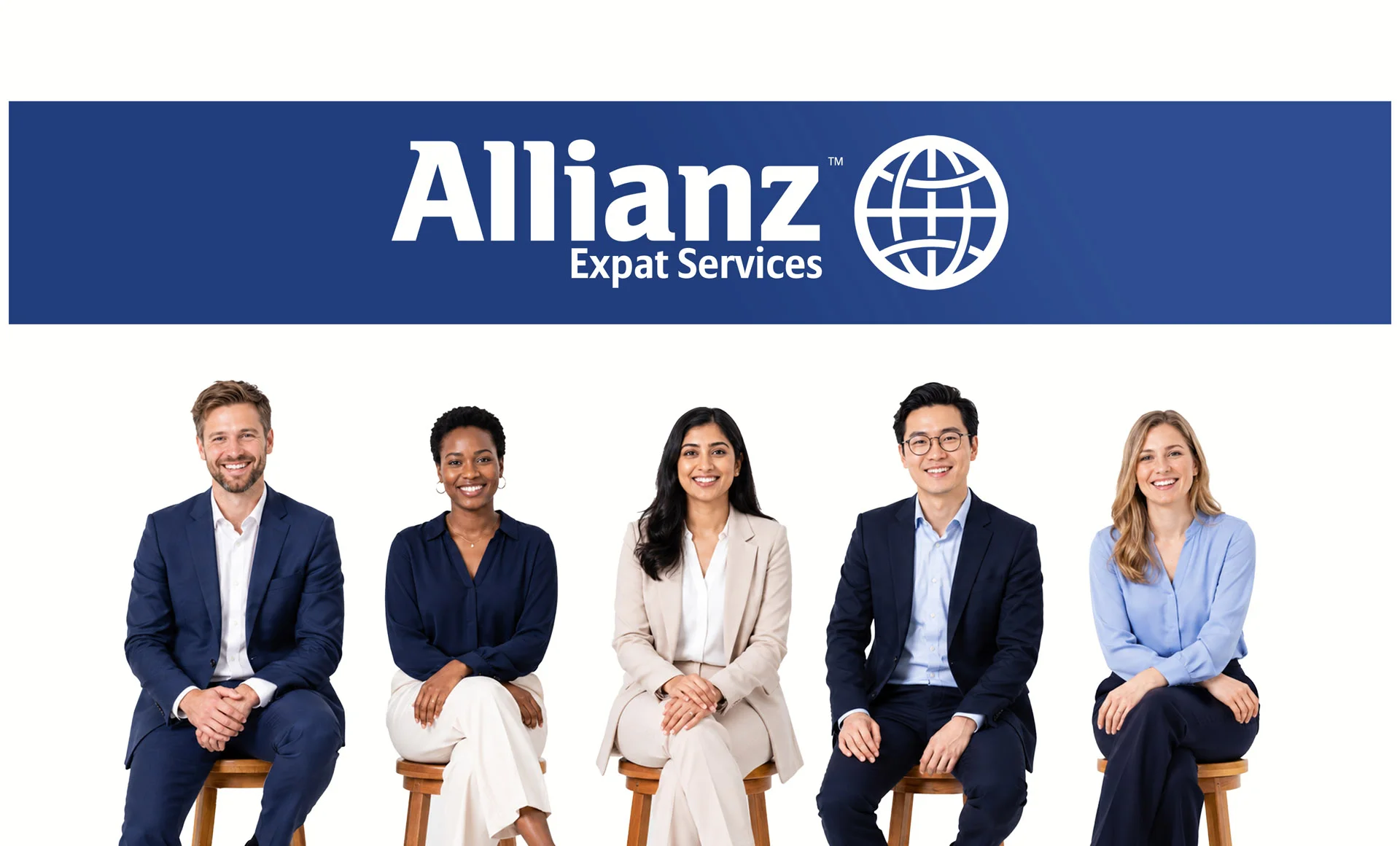 Grup divers de profesioniști în costume business așezați pe scaune sub un banner albastru cu logo-ul Allianz Expat Services, realizat de FloBold.