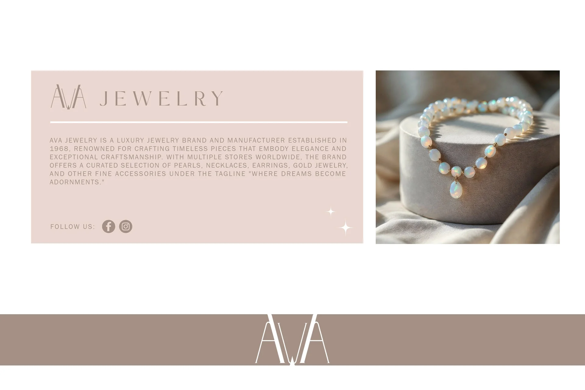 Elemente de branding digital pentru AVA Jewelry realizate de FloBold, incluzând un card de prezentare cu pictograme pentru rețelele sociale, o fotografie cu un colier cu opale și o bandă decorativă cu logo. Brand Identity jewelry.