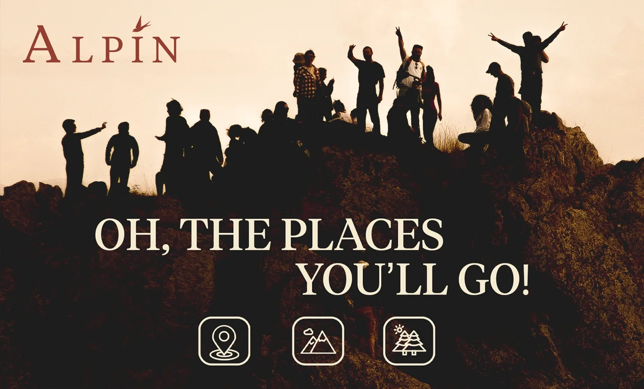 Banner publicitar pentru agenția Alpin realizat de FloBold, prezentând siluetele unui grup de turiști pe munte la apus, alături de textul „Oh, the places you'll go!” și trei pictograme de aventură.