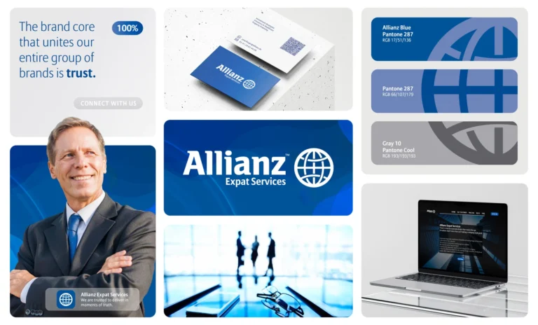 Colaj de branding corporate pentru Allianz Expat Services realizat de FloBold, incluzând design de logo, cărți de vizită albastre, paletă de culori Pantone și mockup de site web pe laptop.