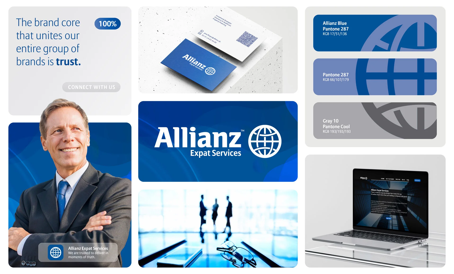 Colaj de branding corporate pentru Allianz Expat Services realizat de FloBold, incluzând design de logo, cărți de vizită albastre, paletă de culori Pantone și mockup de site web pe laptop.