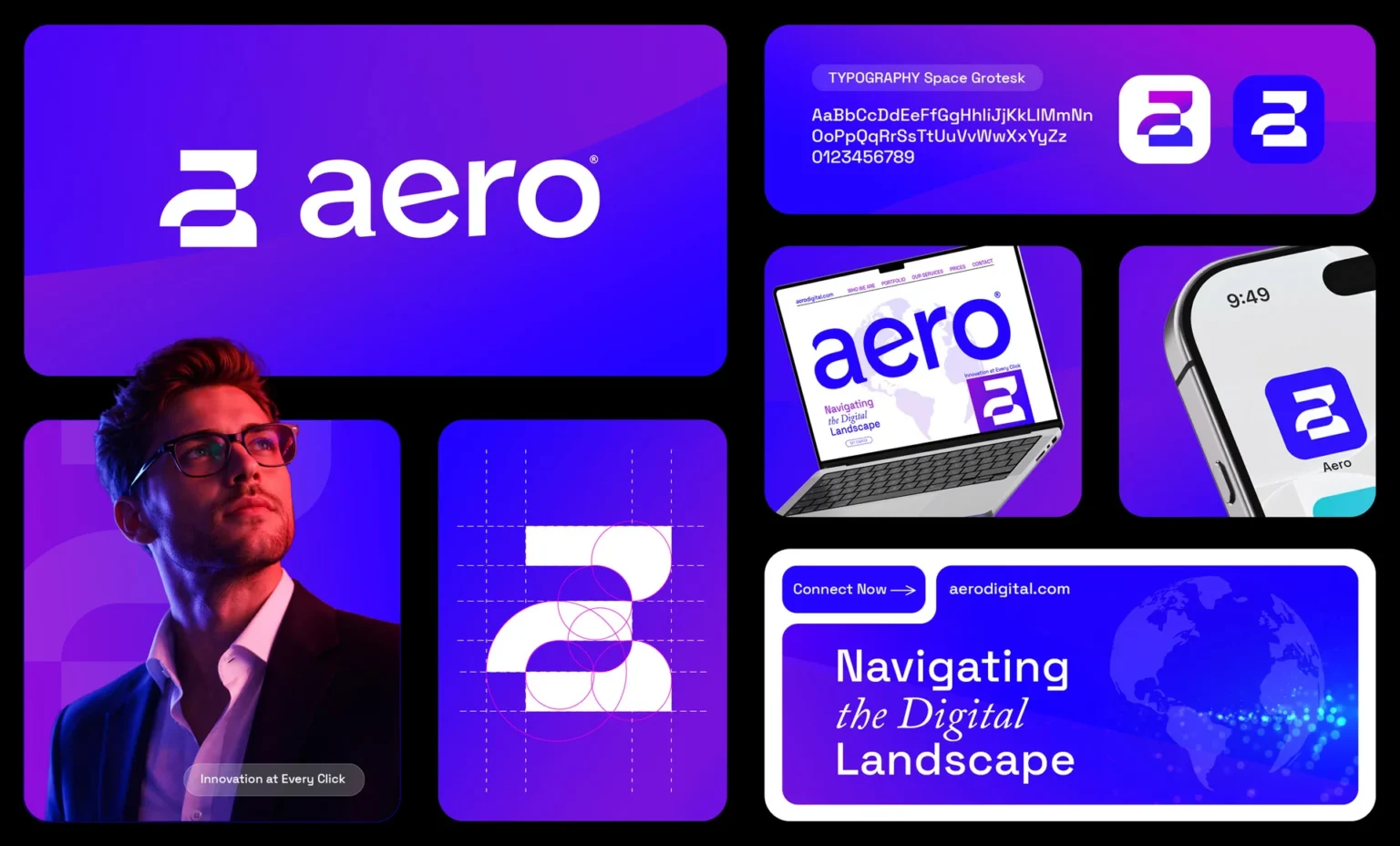Colaj de branding pentru agenția tech Aero realizat de FloBold, incluzând design de logo pe grilă geometrică, fontul Space Grotesk, mockup de site pe laptop și aplicație mobilă în nuanțe neon de violet și albastru.