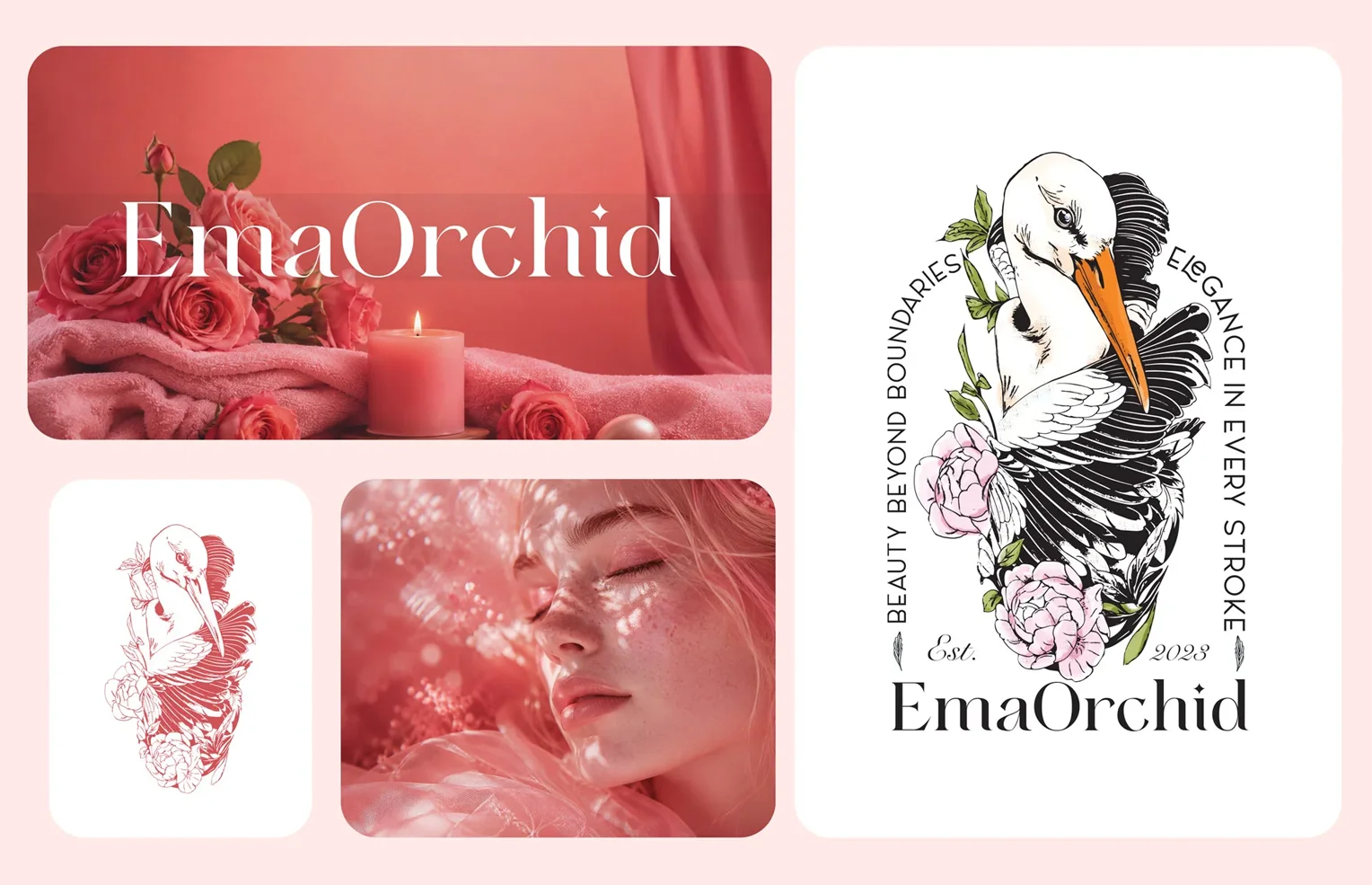 Colaj de branding vintage pentru EmaOrchid realizat de FloBold, incluzând ilustrație detaliată cu o barză și bujori, logo tipografic elegant, trandafiri roz și portretul unei femei.