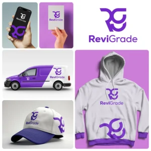 Colaj de branding în nuanțe de violet și alb pentru ReviGrade, realizat de FloBold. tipuri de marci