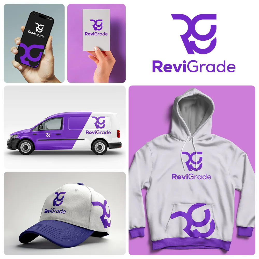 Colaj de branding în nuanțe de violet și alb pentru ReviGrade, realizat de FloBold. tipuri de marci