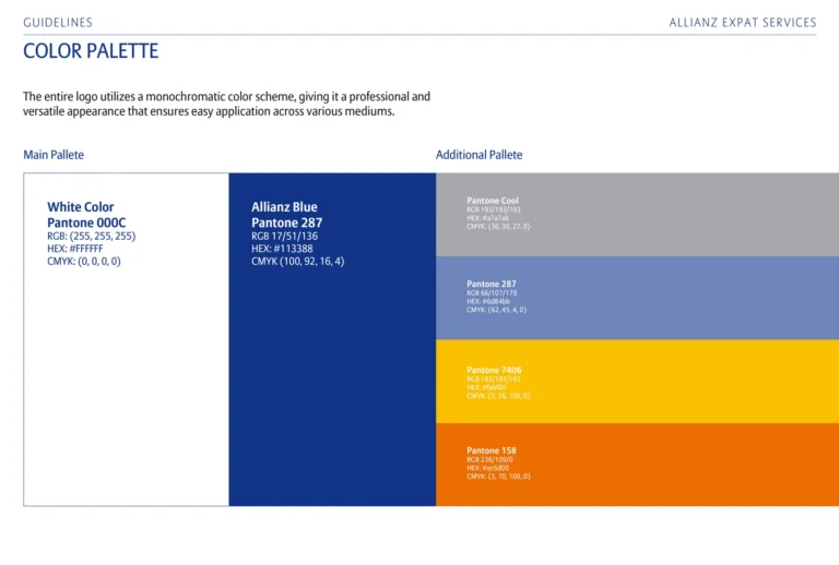 Pagină din manualul de brand Allianz Expat Services ce detaliază culorile principale și secundare cu specificații tehnice HEX, RGB și CMYK, realizată de FloBold. Corporate brand identity. what is branding