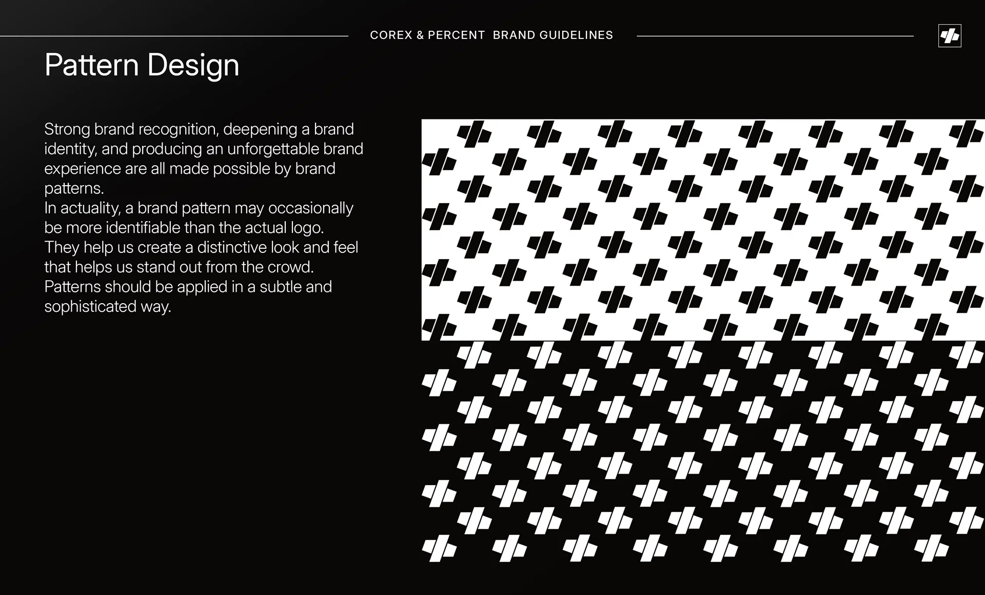 Pagină din ghidul de brand Corex & Percent care exemplifică un pattern geometric repetitiv alb și negru creat din elementele logo-ului, realizat de FloBold.