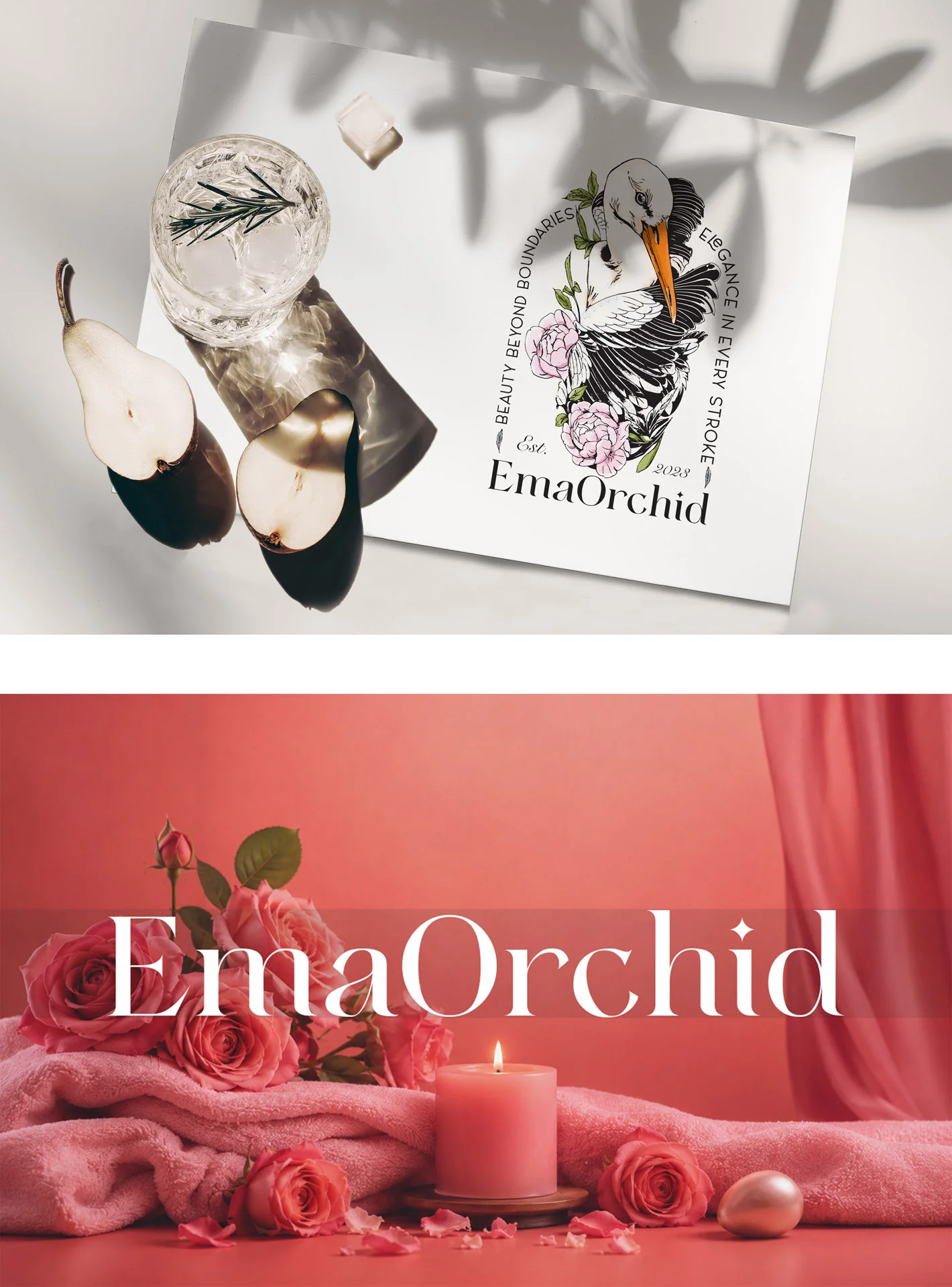 Colaj de imagini pentru brandul EmaOrchid prezentând o schiță tehnică cu logo-ul ilustrat și un banner roz cu trandafiri și o lumânare aprinsă, realizat de FloBold.