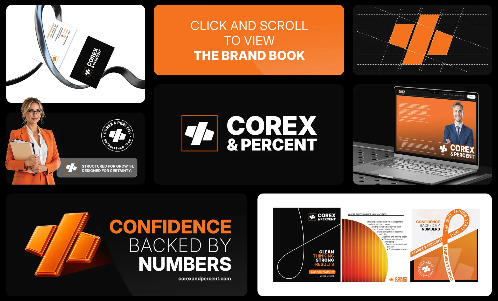 Colaj cu elemente de branding corporativ, mockup pe laptop, cărți de vizită și bannere pentru compania Corex, realizate de FloBold.