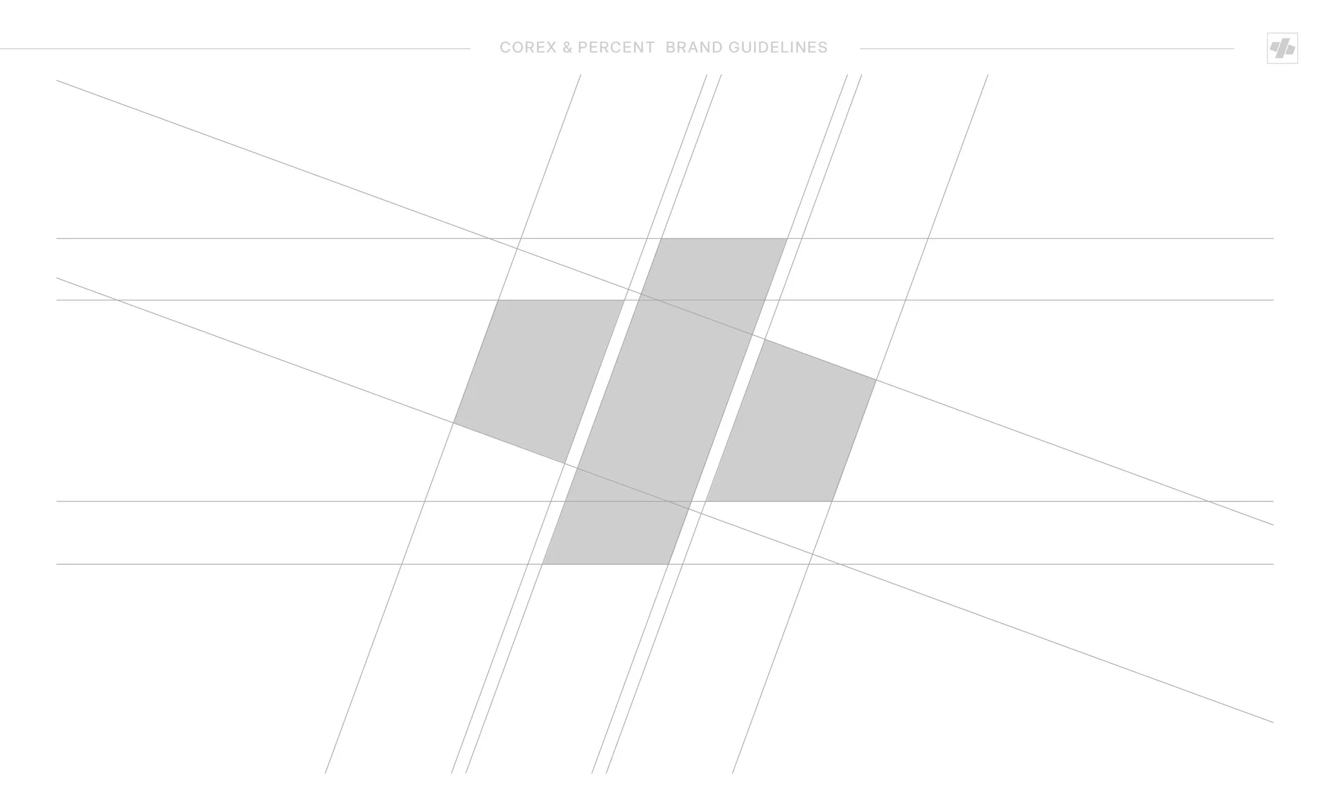 Schemă tehnică minimalistă pe fundal alb, prezentând liniile de perspectivă și proporțiile geometrice ale simbolului Corex, realizat de FloBold.