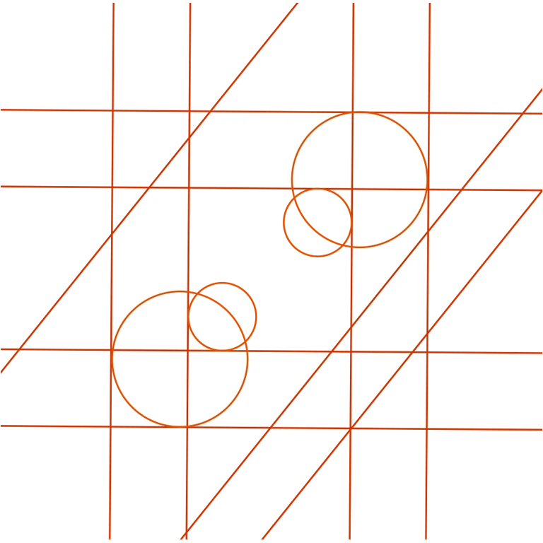 Grilă complexă cu linii roșii și cercuri de ghidare pentru construcția unui logo abstract simetric, realizat de agenția FloBold.