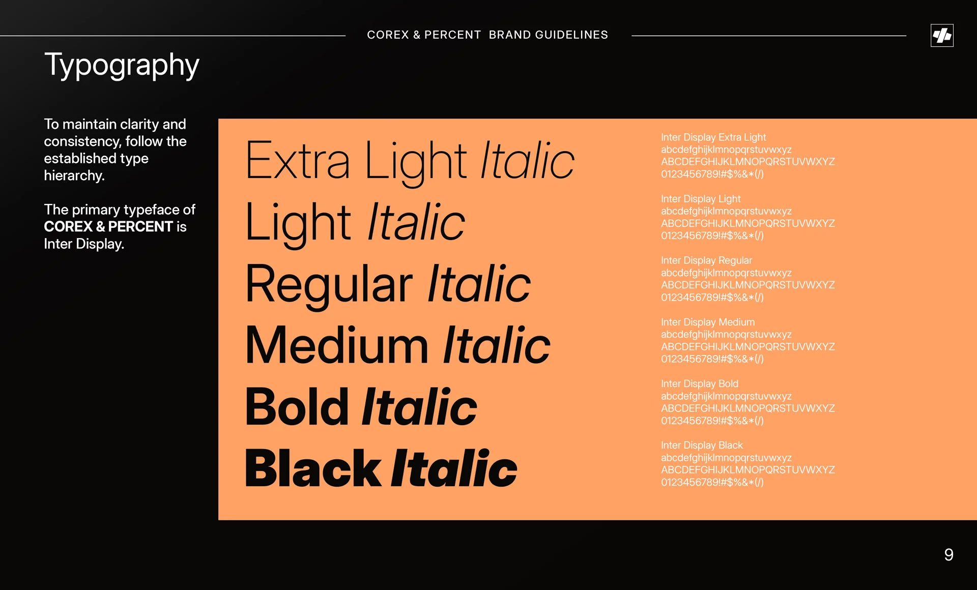 Pagină din manualul de brand Corex & Percent care exemplifică familia de fonturi Inter Display și stilurile sale cursive de la Extra Light la Black, creată de FloBold.
