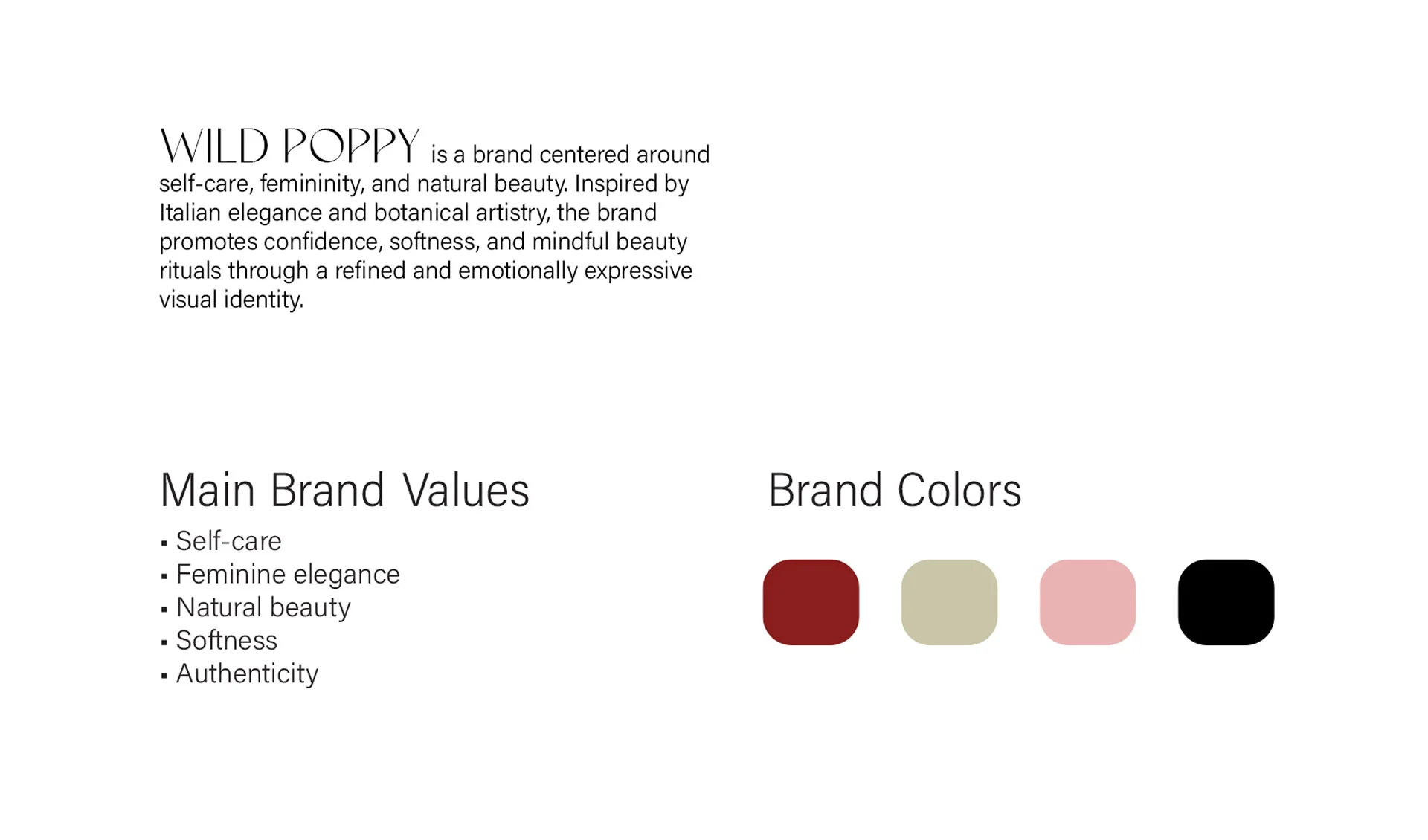 Pagină din ghidul de brand Wild Poppy prezentând textul valorilor principale precum feminitate, eleganță și naturalețe alături de cercuri cromatice în nuanțe de roșu burgund, crem, roz pastel și negru, realizată de FloBold.