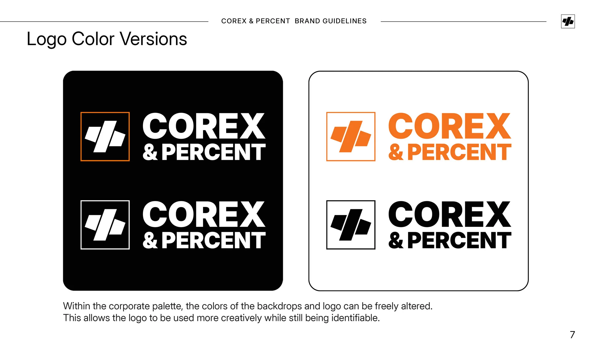 Pagină din ghidul de brand Corex & Percent care exemplifică variațiile cromatice ale logo-ului pe fundaluri contrastante alb și negru, create de FloBold.